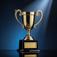 Golden Trophy in Spotlight on Reflective Surface with Bold Blue Background