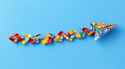 Vibrant Origami Arrow Crafted from Colorful Patterned Paper with Asian Characters, Folded into a Dynamic Shape, on a Soft Blue Background, Perfect for Creativity, Direction, Growth and