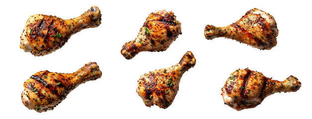 Set of Grilled chicken drumsticks thigh seasoned with spices and herbs, isolated on white transparent background. Concept of delicious roasted food