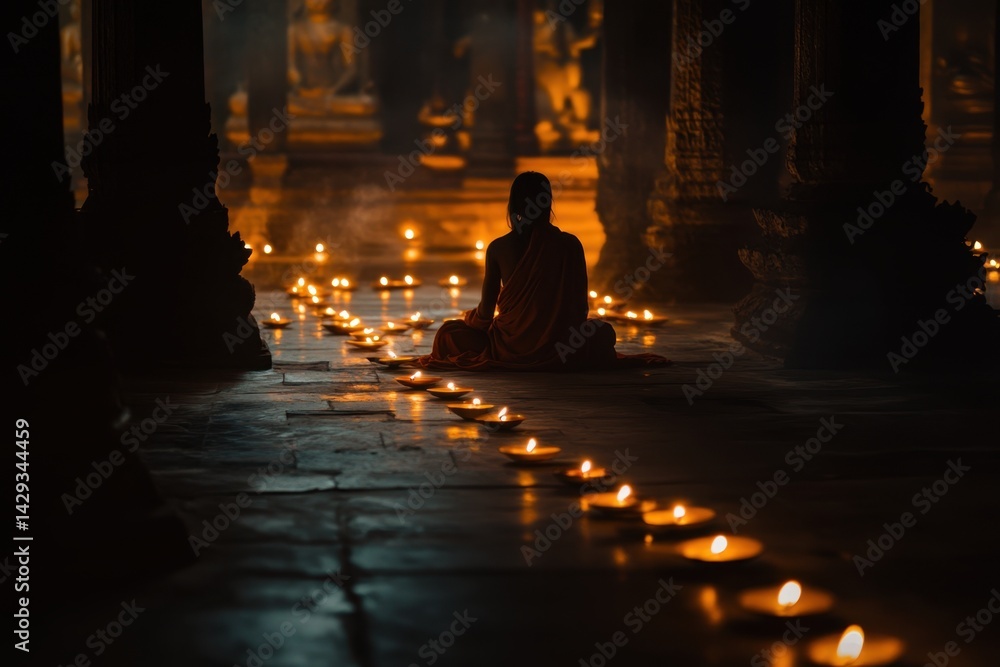 Poster meditative practice illuminated by candles in ancient temple setting at twilight