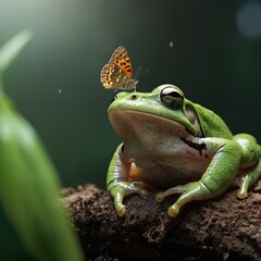 Butterfly landing on head dumpy frog