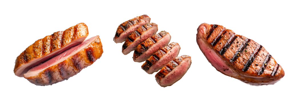 Set of Grilled duck breast seasoned with spices isolated on white transparent background, concept of healthy food and barbecue