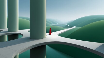 Fototapeta premium Person in red contemplates their path on a unique architectural structure in a scenic landscape.