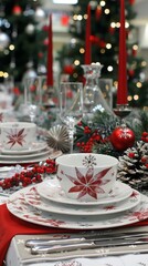 Fototapeta premium Elegant holiday tableware setting with festive decorations and christmas tree.