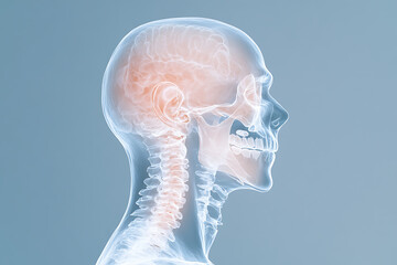 Obraz premium Human Anatomy X-Ray: An X-ray of a person's skull and neck is seen, highlighting the structure of the skull, brain, and cervical vertebrae, set against a blue background.