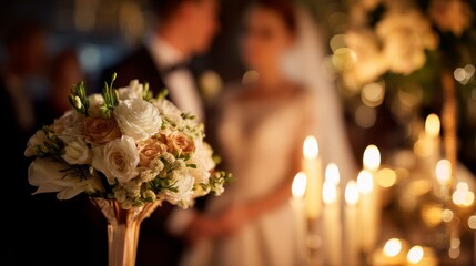 Out-of-focus couple at a wedding, softly lit by candlelight, with a bouquet in sharp focus in the foreground, adding intimacy and warmth.