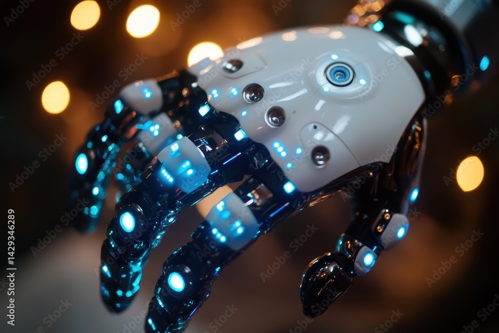 Poster high-tech robotic hand with glowing features displayed against blurred lights background