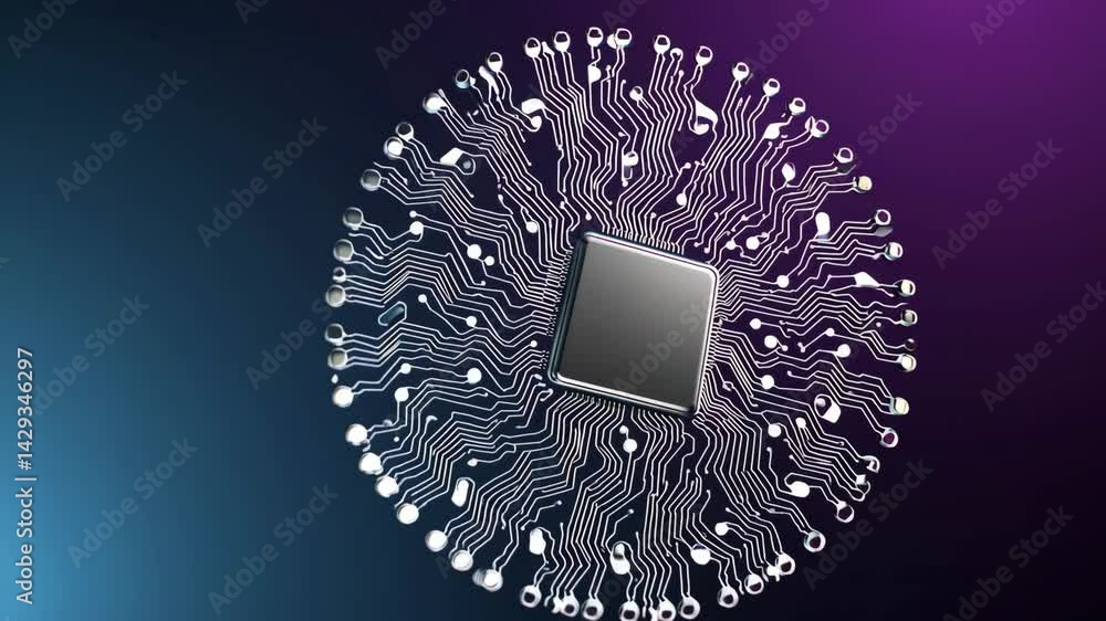 Aufkleber rotating circuit board with central microchip in motion