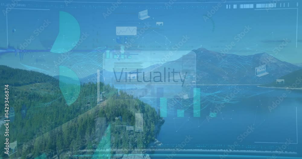 Poster virtuality panel hovering over mountain lake panorama with floating data charts and device icons