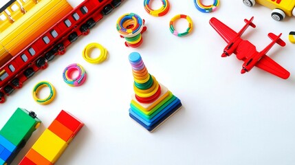 Vibrant Children's Toys Arrangement on White Surface Featuring Wooden and Plastic Train Airplane Colorful Hoops and Stacking Tower Playful Childhood Playfulness Bright Cheerful Mood