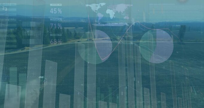Farm analytics being visualized in flat design on rural farmland, featuring tractor and charts