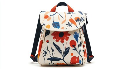 Trendy white backpack with artistic graphic prints, adjustable shoulder straps, and water-resistant fabric, isolate on white background
