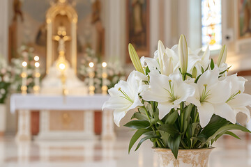 Serene lilies in a vase accent the altar. A peaceful, spiritual image for contemplation and reflection. Perfect for quiet moments.
