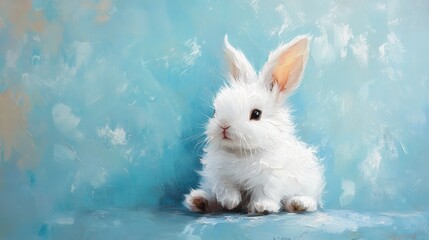 Fototapeta premium Fluffy white bunny with tiny paws, positioned on a soft pastel blue background