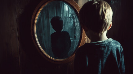 silhouette of a boy staring in a mirror