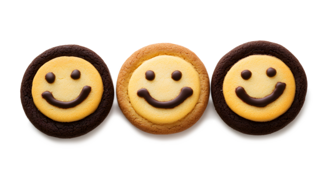 Three cookies with chocolate icing and smiling faces