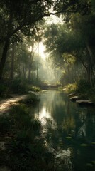 Obraz premium Misty forest stream path