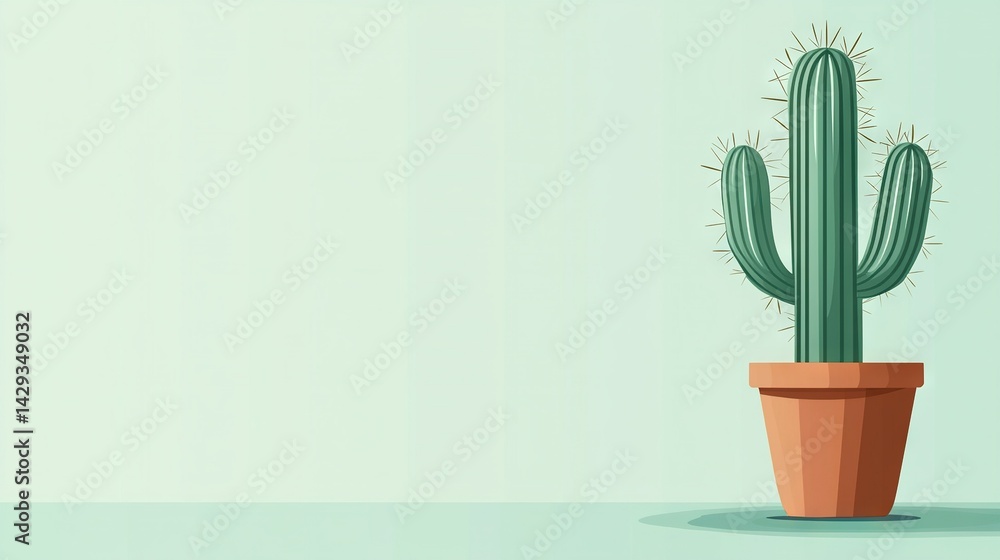 Poster a cactus in a pot on a table with a green background
