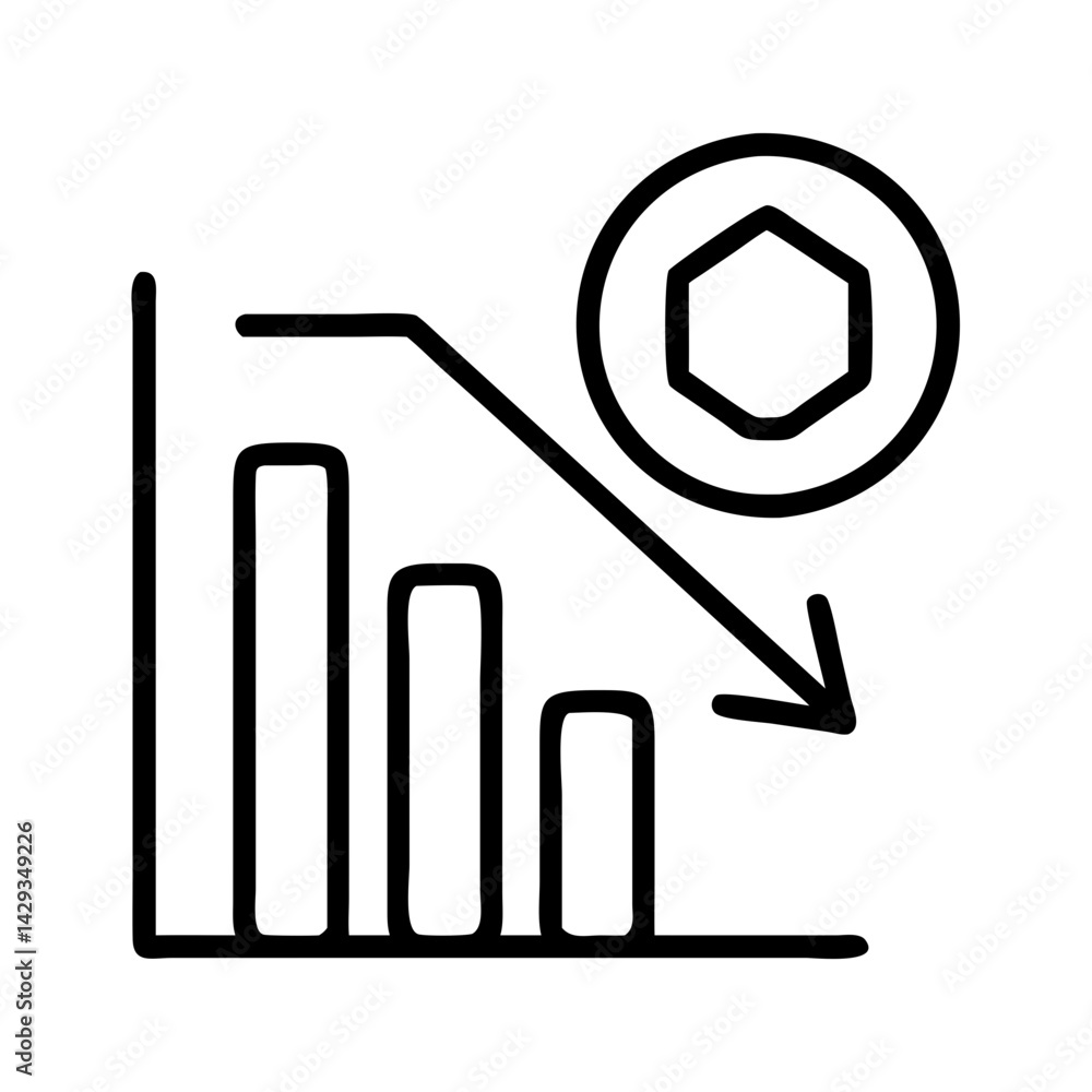 Poster declining trend graph with hexagon icon for business analysis and stock market forecast data