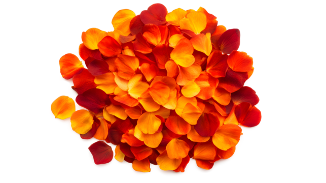 A pile of orange and red flower petals