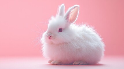 Fluffy white rabbit with a serene expression, isolated on a pale pink plain backdrop 