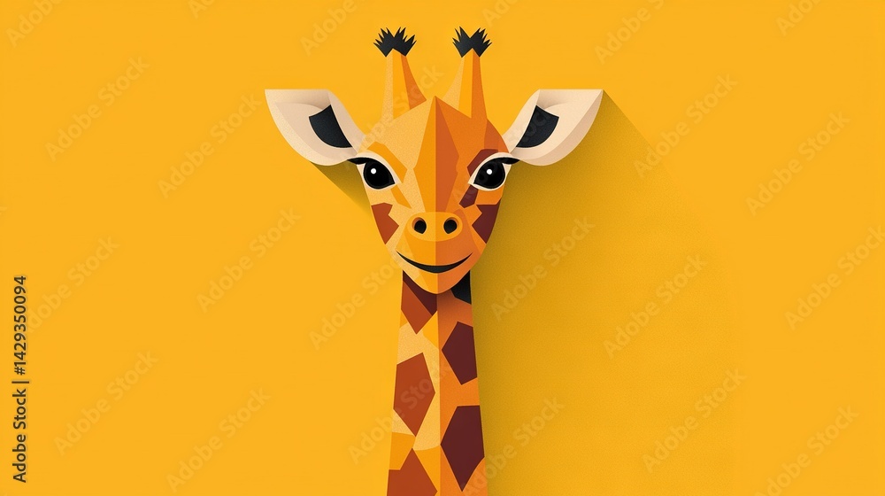 Poster a giraffe's head in sharp focus against a bright yellow backdrop with subtle shadowing