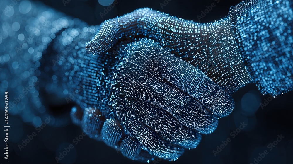 Poster digital handshake with glowing binary code and double exposure effect