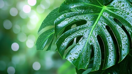 Obraz premium Monstera leaf with water droplets, bokeh green background