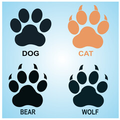 Silhouette of Paw Print Symbol for Dog, Cat, wolf, and bear with gradient background. Vector illustration