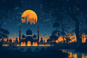 Illustration nocturne d’une grande mosquée éclairée sous une pleine lune dorée, dans un paysage féerique de forêt, ambiance sacrée pour le Ramadan ou l’Aïd, spiritualité musulmane