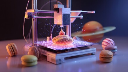 A three d printer creating a dessert with macarons and a saturn planet in the background scene view