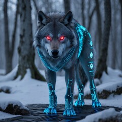 A cybernetic wolf with glowing red eyes, looking for prey in a snowy forest