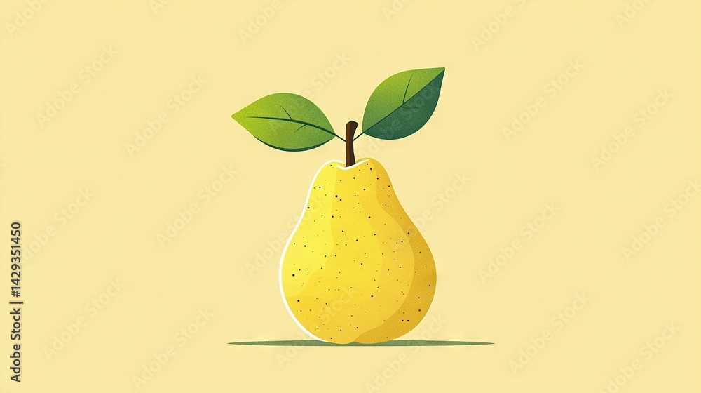 Poster a pear with a green leaf protruding from its head on a yellow background with a slightly lighter sha