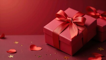 Elegant red ribbon tied gift boxes, gold accents, surface, christmas