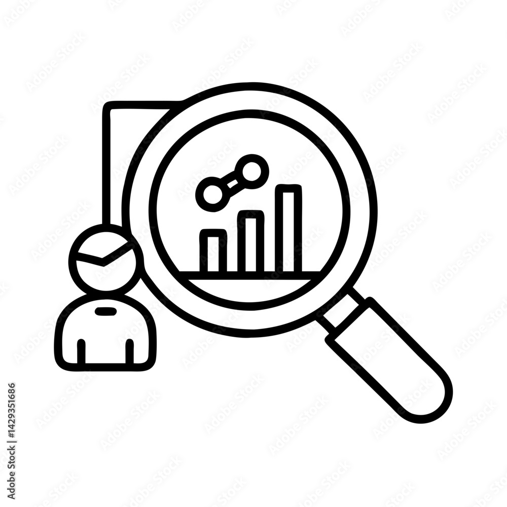 Poster analyzing data insights with magnifying glass for business growth and performance review metrics