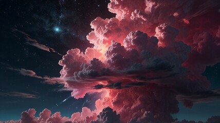 Air clouds shimmering with bright colors against the background of the starry sky, pink tones