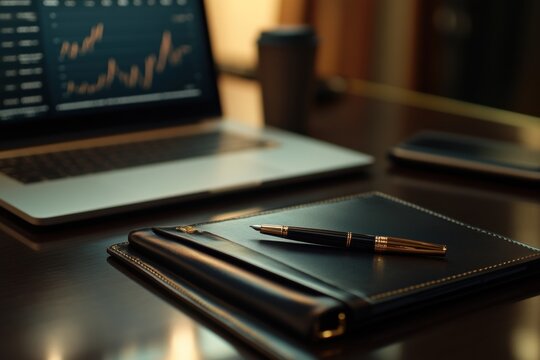 Office desk with laptop, pen, and notepad