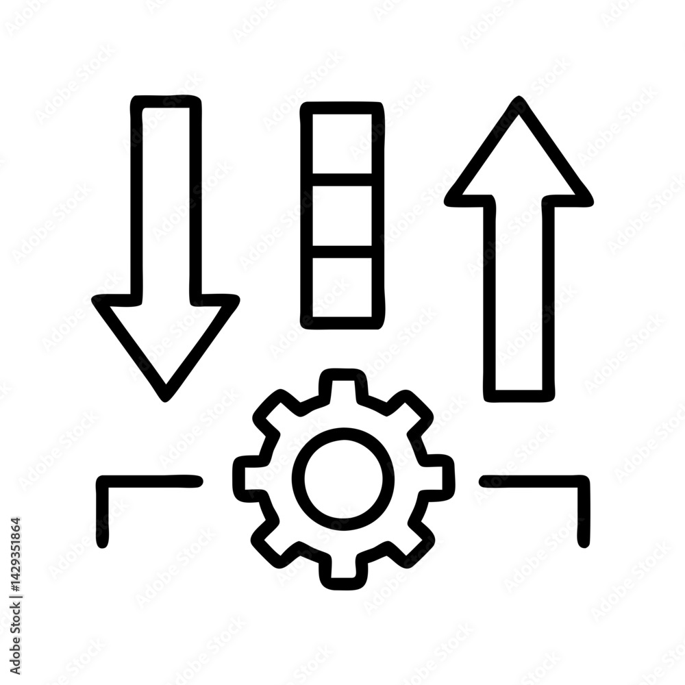 Poster data flow process diagram with gear icon, input output and configuration concept vector graphic