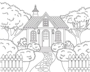 Obraz premium Cozy Cottage Coloring Page – Peaceful House with Garden Path and Trees