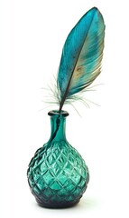 Teal feather in glass bottle