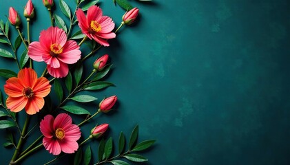 Bold dark floral pattern on rich teal background, plant, gold