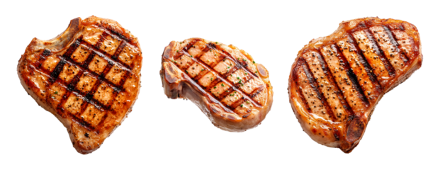 Juicy grilled pork chop with char marks, pepper seasoning, and a golden glaze isolated on white transparent background. Concept of delicious meat
