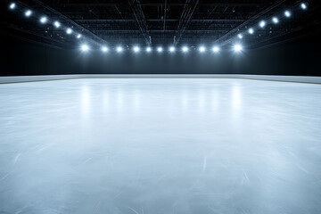 An indoor ice rink with bright overhead lighting, a smooth, reflective surface, and a dark ceiling. Ideal for skating, hockey, or winter sports visuals.