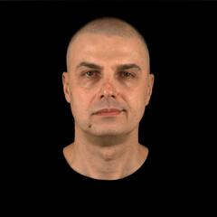 Serious middle-aged bald man with moles on his face, wearing a black shirt, looking directly at the...