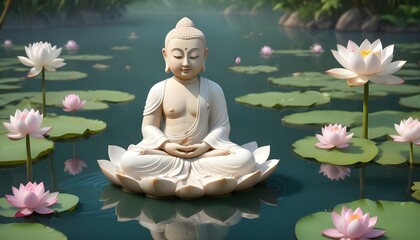 A beautiful, peaceful buddha statue meditating on a lotus flower in a serene pond setting.