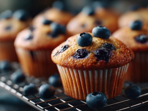 Blueberry Muffins on a Cooling Rack