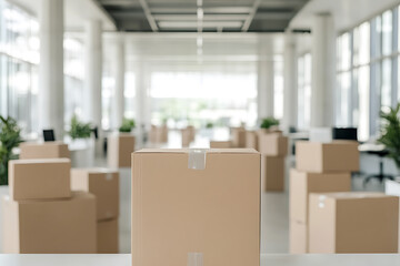 Fototapeta premium Office space with numerous cardboard boxes stacked on tables, indicating a move, relocation, or delivery process in a bright, modern environment.
