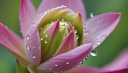 Fototapeta premium A close-up view of a pink flower bud covered in glistening water droplets.