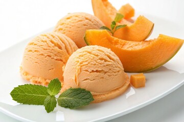 Juicy yellow sorbet, melon ice cream with melon pieces next to it. On a white background