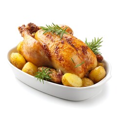 Roasted chicken with potatoes and rosemary in dish isolated on white background